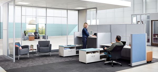 Image of architectural walls with 2 cubicles and height adjustable desks