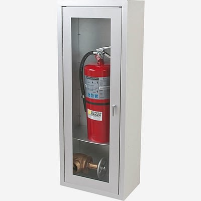 Fire Extinguisher In Silver Cabinet