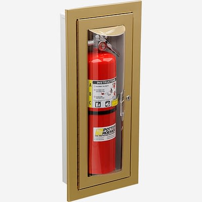 Fire Extinguisher in Gold Glass Front Cabinet
