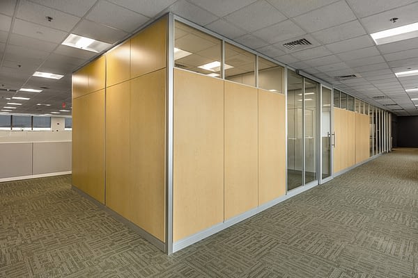 Image of partial glass and partial solid wood pattern architectural walls