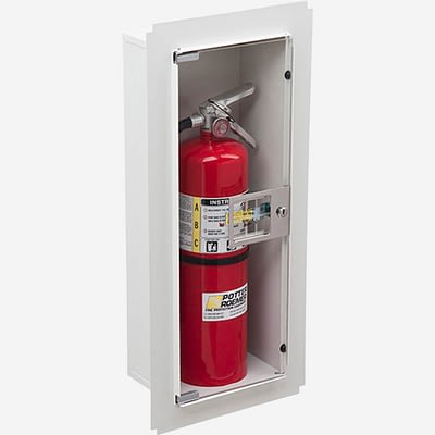 Fire Extinguisher in White Locked Cabinet