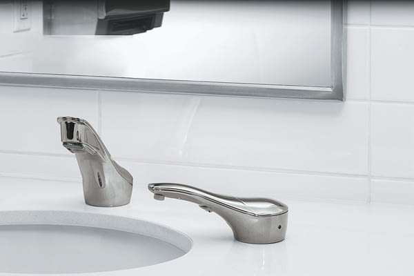 View of on the counter polished Nickel soap dispenser