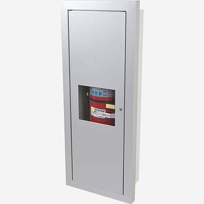 Fire Extinguisher In Silver Cabinet